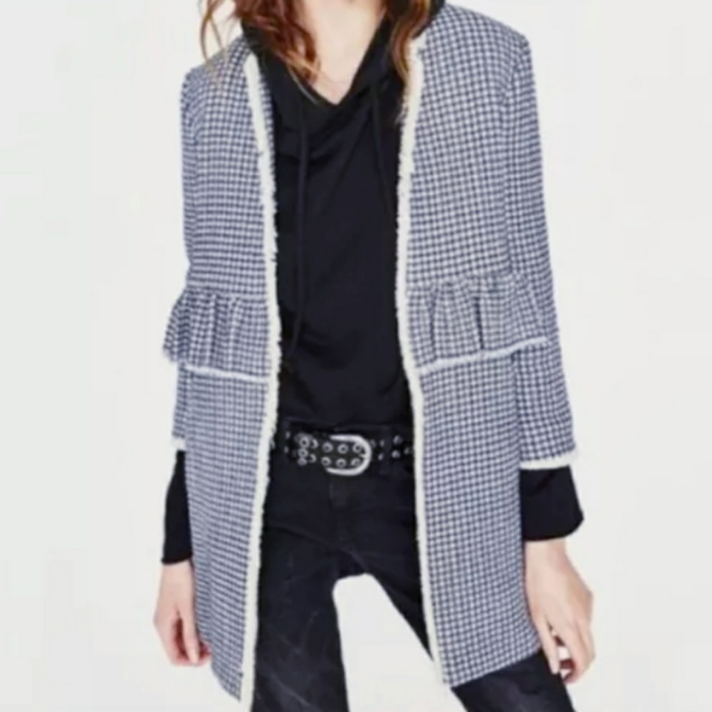 Zara gingham check long tweed jacket XL